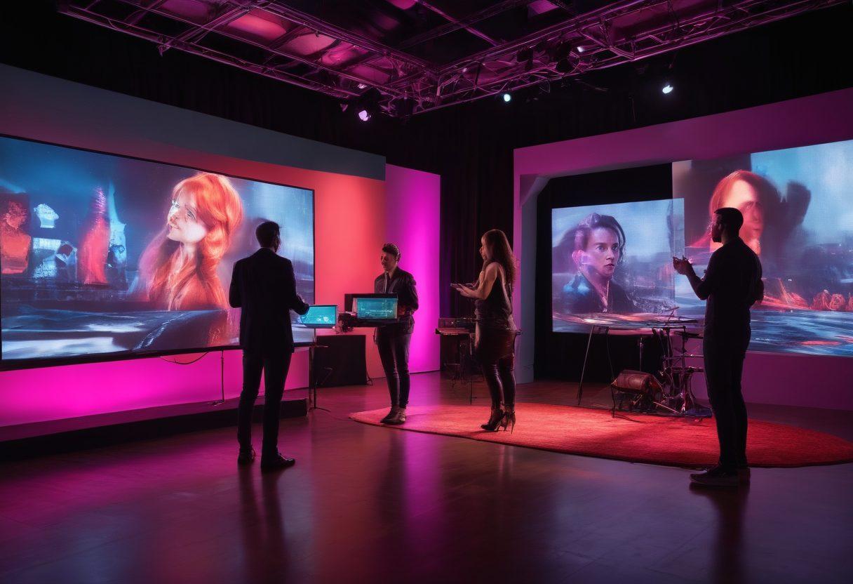 A dynamic scene depicting a live streaming studio with diverse performers engaging intimately with their audience through digital screens, showcasing a mix of emotions and interactions. Include elements like soft lighting, sensual props, and an inviting atmosphere to reflect the adult entertainment industry's evolution. Capture the essence of connection and intimacy within a modern, tech-savvy setting. surrealistic vibes. vibrant colors.