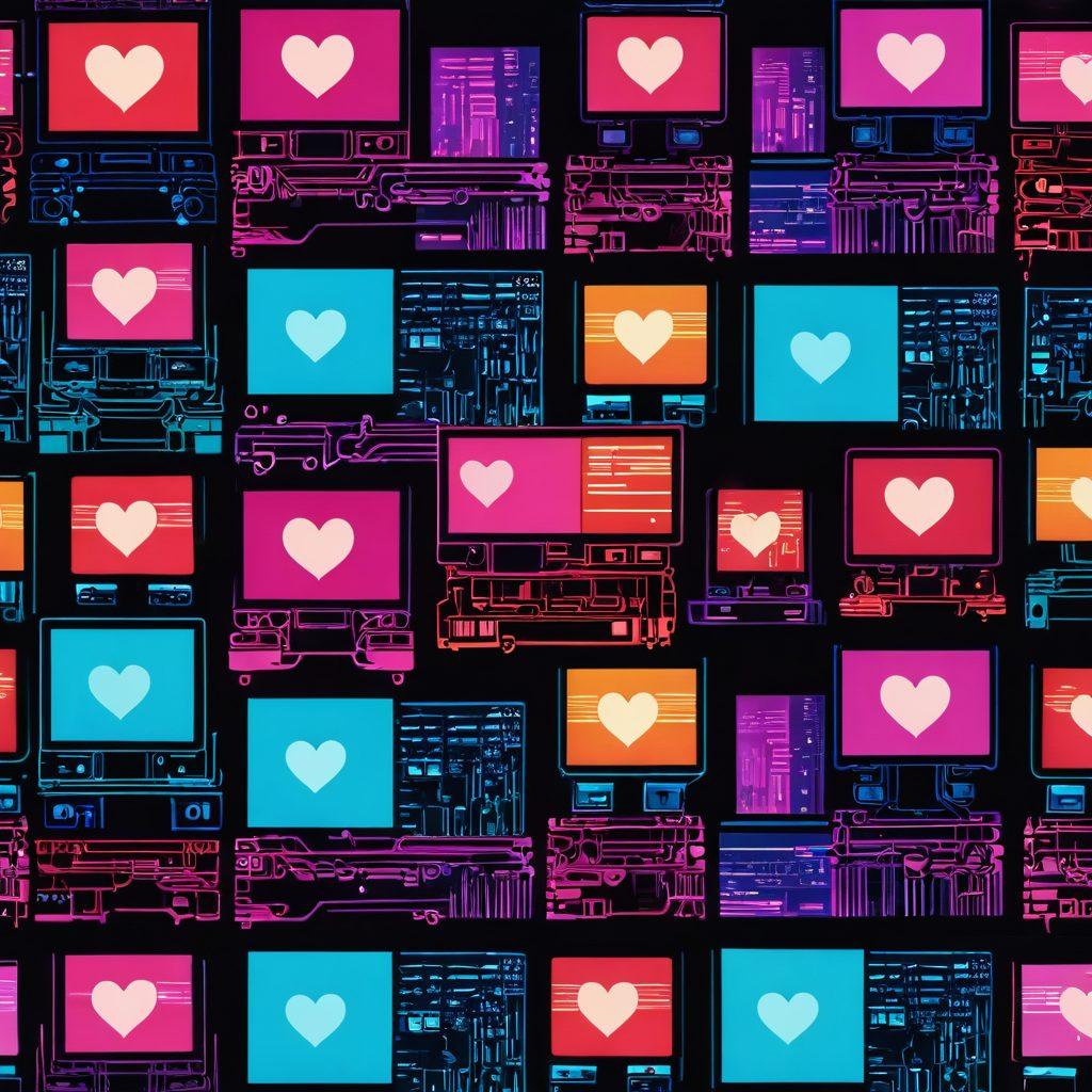 A digital tapestry illustrating the journey from traditional screens to intimate connections, featuring a blend of glowing computer screens and tender hearts intertwining. Incorporate silhouettes of diverse individuals engaging with technology, symbolizing emotional bonds through virtual platforms. Use a warm color palette to evoke intimacy and connection. Include elements like pixels transforming into heart shapes and a backdrop of light rays emanating from the screens. cyberpunk. vibrant colors. 3D.
