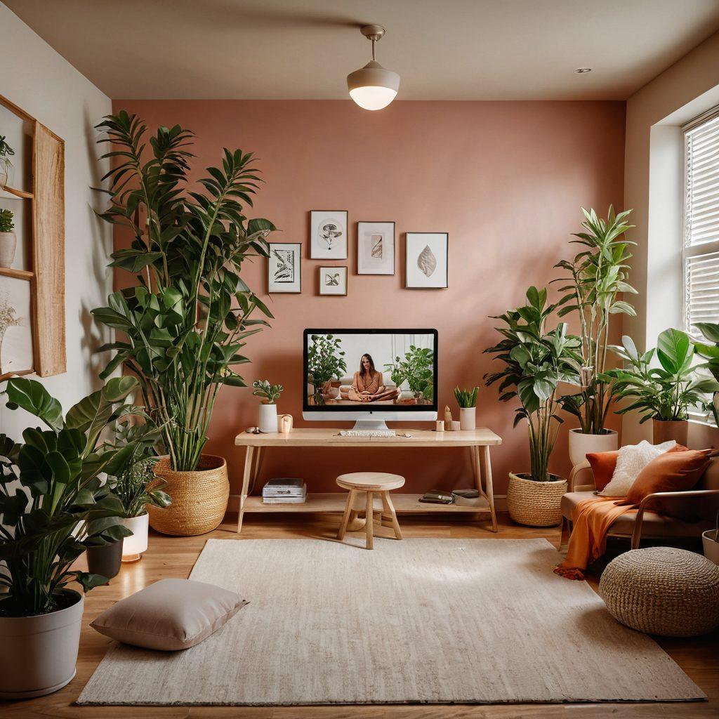A split scene depicting a cozy, modern home studio with a webcam set up on one side, showcasing a confident performer engaging with an audience. On the other side, a serene wellness space featuring plants, soft lighting, and self-care products, symbolizing sexual wellness. The color palette should be warm and inviting to evoke comfort and intimacy. super-realistic. vibrant colors.